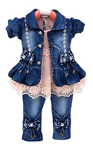 Peacolate Spring Autumn Little Girls Clothing Set 3pcs Long Sleeve T-Shirt Denim Jacket and Jeans