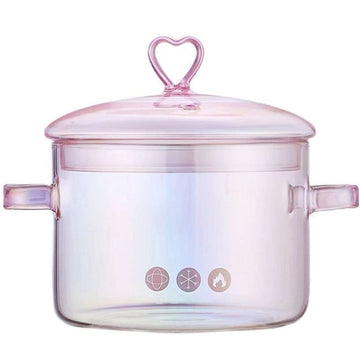 Pink Glass Saucepan with Lid and Handle, 1.5L/50oz Glass Cooking Pot, Glass Cooking Saucepan Safe for Pasta Noodle, Soup, Milk, Baby Food