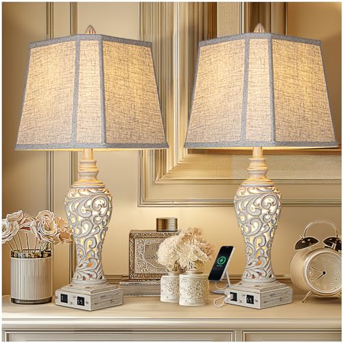 Table Lamps Set of 2 - Bedside Lamp with Fabric Shades - for Bedroom and Living Room with USB and Nightlight - Perfect for Nightstands and Bedrooms (28.5" high)