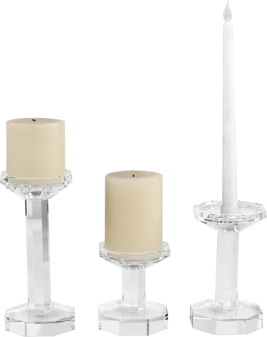 Crystal Candlestick Holders Set of 3, Clear Crystal Taper/Pillar Candles Holders– Table Centerpieces for Party and Wedding Decoration(4''/6''/8'' Tall)