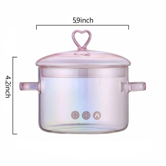 Pink Glass Saucepan with Lid and Handle, 1.5L/50oz Glass Cooking Pot, Glass Cooking Saucepan Safe for Pasta Noodle, Soup, Milk, Baby Food