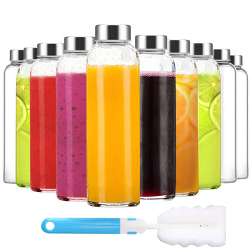 Clear Glass Bottles with Lids 18 oz, Reusable Glass Water Bottles with Stainless Steel Cap for Juicing, Refrigerator,100% Leak Proof, BPA Free, Set of 6