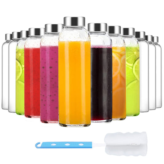 Clear Glass Bottles with Lids 18 oz, Reusable Glass Water Bottles with Stainless Steel Cap for Juicing, Refrigerator,100% Leak Proof, BPA Free, Set of 6