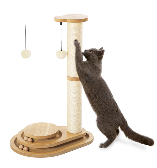 Made4Pets Cat Scratching Post Cat Scratcher Kitten Toys for Indoor Cats Wooden Ball Track Two-Layer Modern Sisal 17.7" Tall Scratch Post Interactive Toy with Dangling Ball