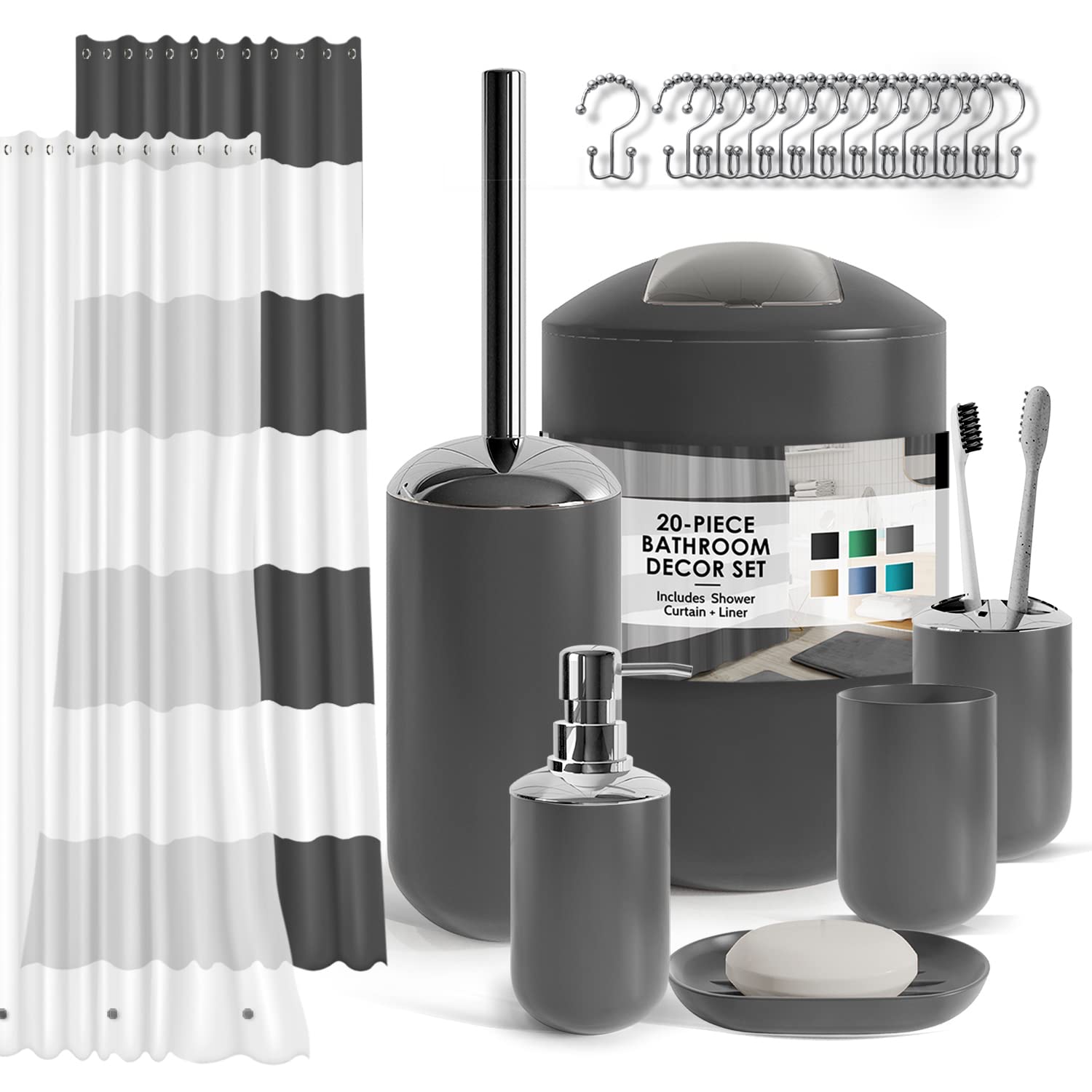 Clara Clark Bathroom Set - Gray Bathroom Accessories Set, 20PC Bathroom Accessory Set, Shower Curtain Set with Liner, Toothbrush Holder, Soap Dispenser, Soap Dish, Toilet Brush Holder, and Trash Can