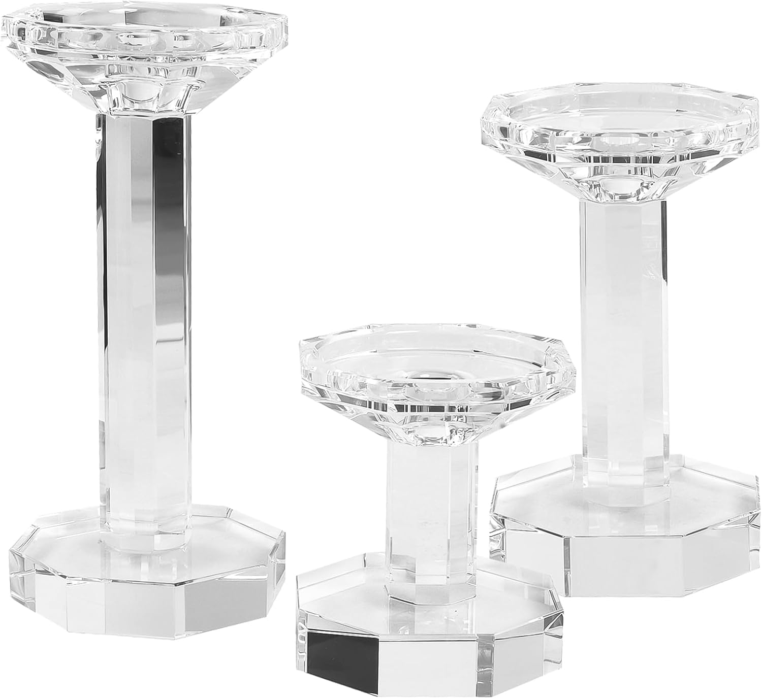 Crystal Candlestick Holders Set of 3, Clear Crystal Taper/Pillar Candles Holders– Table Centerpieces for Party and Wedding Decoration(4''/6''/8'' Tall)