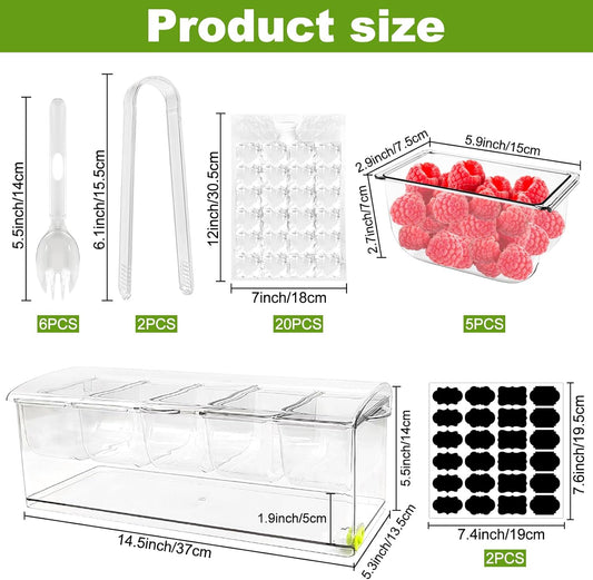 Ice Chilled Condiment Server Caddy, Bar Fruit Caddy with Lid and 5 Removable Compartments, Plastic Storage Food Container Clear Ice Condiment Serving Tray Container for Party, Toppings Bar Container