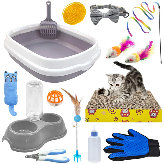 Kitten Starter Kit, 15 Piece Cat Essentials Set Includes Cat Litter Box,Cat Toys, Cat Collars，Cat Scratch Pad, cat Nail File，Automatic Cat Feed Bowls, Pet Grooming Gloves for Cats Daily Life