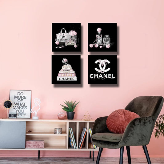 Meetdeceny Black And White Wall Art/Pink Book Pictures Room Decor for Teen Girls/Women Handbag Perfume Wall Decor for Living Room/Fashion Canvas Artwork Size 10"x 10"x 4 Pieces