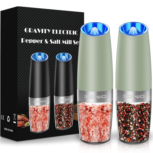 Sweet Alice Gravity Electric Pepper and Salt Grinder Set, Adjustable Coarseness, Battery Powered with LED Light, One Hand Automatic Operation, Stainless Steel Black, 2 Pack