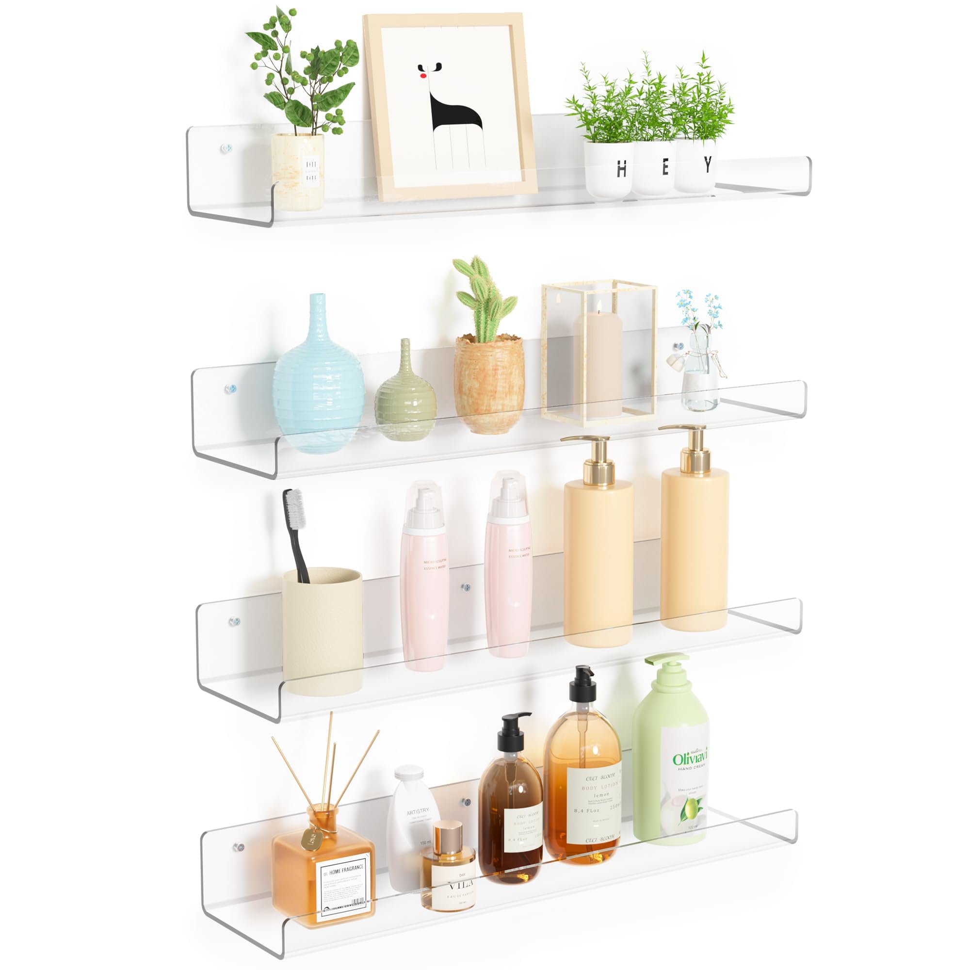 upsimples 4 Pack Acrylic Shelves for Wall Storage, 15" Floating Bookshelves for Kids, Display Shelf Organizer for Bathroom, Bedroom, Living Room, Kitchen, Room Decor, Clear