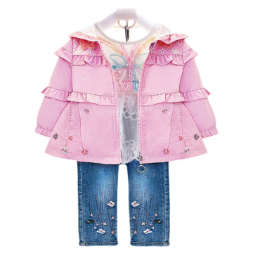 Peacolate 6M-4Years Spring Fall Baby Girls Clothing Set 3pcs Long Sleeve Dress Denim Jacket and Jeans