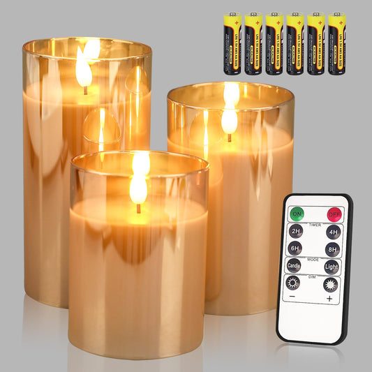 Yinuo Candle Flameless Led Candles Flickering, Battery Operated Candles with Timer Remote, Glass Effect Candles Warm Color Moving Flame Light for Festival Wedding Home Halloween Decor