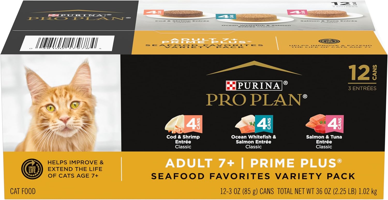 Purina Pro Plan Grain Free Senior Wet Cat Food Variety Pack Pate, SENIOR Seafood Favorites - (2 Packs of 12) 3 oz. Cans