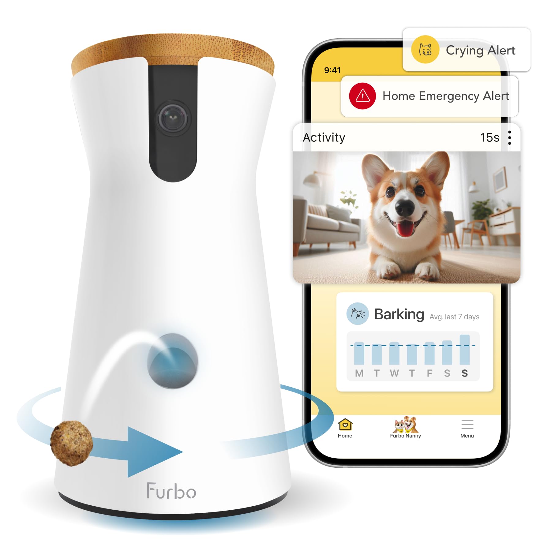 Furbo 360° Dog Camera + Nanny Bundle: Home Security & Dog Safety Alerts, Rotating Pet Treat Dispenser Camera with Speaker, Smart Home Indoor Cam w Phone App (Additional Subscription Required at Setup)