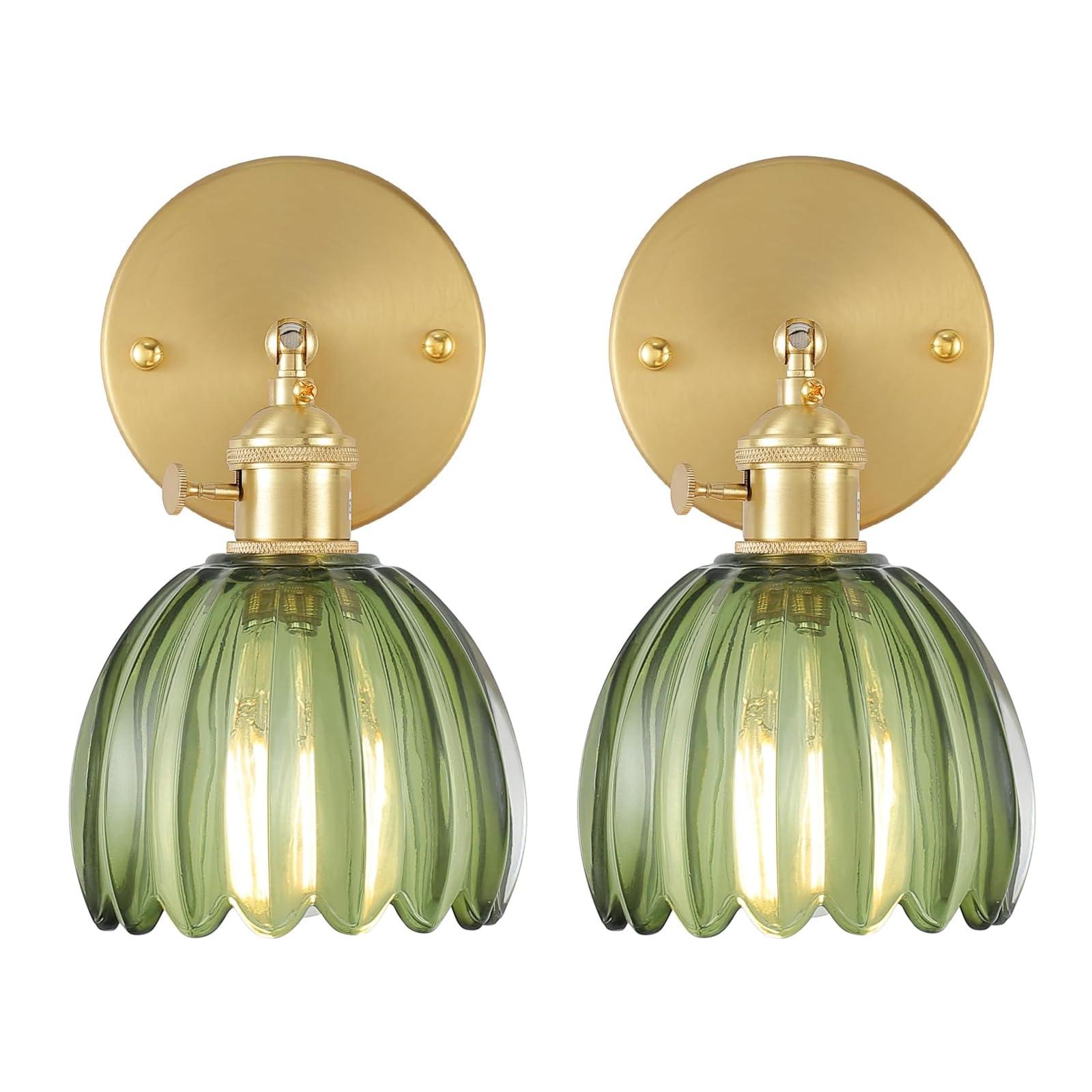 Vintage Wall Sconces Set of 2 with Green Tulip Glass Lampshade 180 Degree Adjustable Brass Sconces Hradwired Modern Wall Lighting Fixture with Switch for Bedside Bedroom Doorway