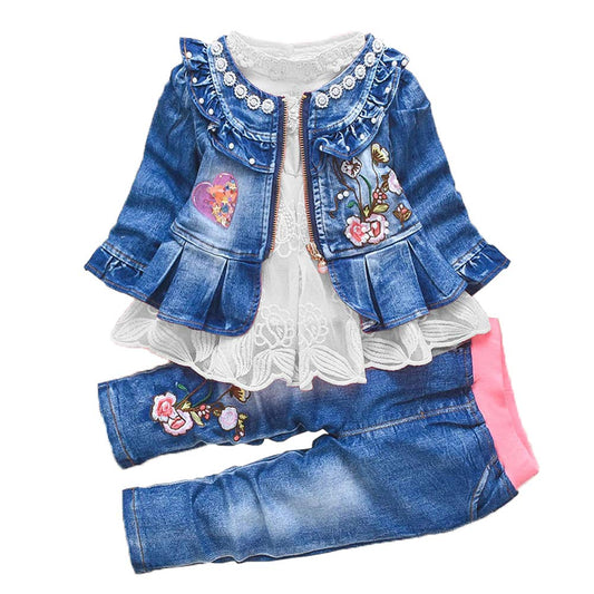 Peacolate 6M-4Years Spring Fall Baby Girls Clothing Set 3pcs Long Sleeve Dress Denim Jacket and Jeans