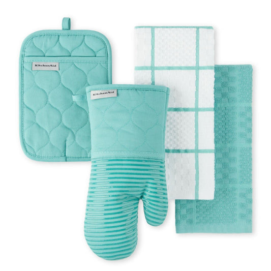 KITCHENAID Quilted Cotton Terry Cloth Oven Mitt, Pot Holder, Kitchen Towel 4-Pack Set, Heat Resistant, Silicone Grip, Gift Set, Milkshake, 16"x26", 7"x13" & 7"x10"