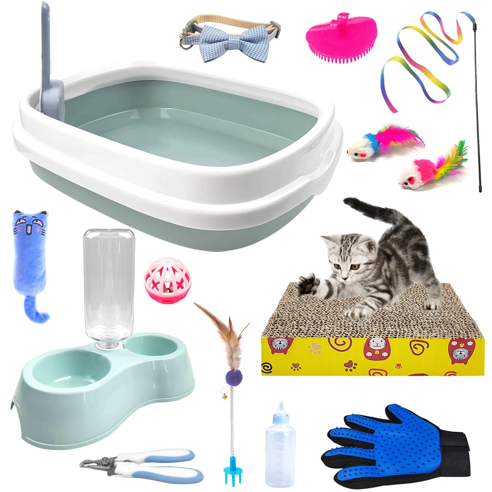 Kitten Starter Kit, 15 Piece Cat Essentials Set Includes Cat Litter Box,Cat Toys, Cat Collars，Cat Scratch Pad, cat Nail File，Automatic Cat Feed Bowls, Pet Grooming Gloves for Cats Daily Life