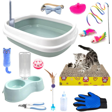 Kitten Starter Kit, 15 Piece Cat Essentials Set Includes Cat Litter Box,Cat Toys, Cat Collars，Cat Scratch Pad, cat Nail File，Automatic Cat Feed Bowls, Pet Grooming Gloves for Cats Daily Life