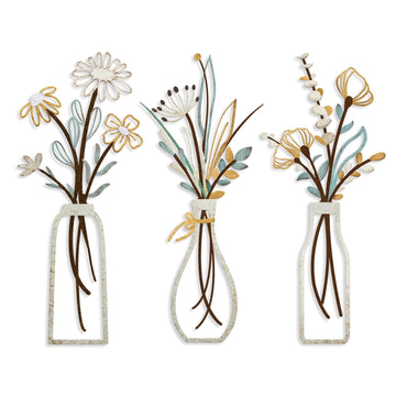 Pigort 3 Pieces Metal Flowers Wall Arts - Rustic Farmhouse Decor Beige Minimalist Flower Wall Decors for Living room Bathroom Bedroom Dining Room-Housewarming Gifts (Beige Gold, Vase-C)