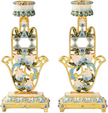 Matashi Hand-Painted Blue and Ivory Hamsa Design Shabbat Candlesticks Candle Holder, Perfect Bat Mitzva Present, Gold-Plated Pewter, Personal or Religious Use