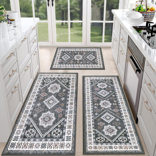 HEBE Boho Kitchen Rug Sets 3 Piece with Runner Non Slip Kitchen Rugs and Mats Washable Kitchen Mats for Floor Thick Kitchen Floor Mat Carpet Runner Rugs for Hallway Laundry Holiday Decor