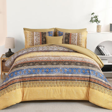 Boho Queen Comforter Set 8 Pieces, Yellow Bohemian Striped Bed in a Bag, Paisley Soft Microfiber Bedding Comforter Set