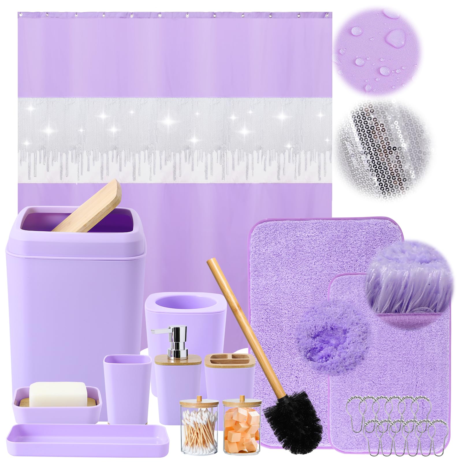 24PCS Bathroom Sets with Shower Curtain and Rugs,Bathroom Sets with Extra Soft and Absorbent Bath Rugs Purple Shower Curtain Set Purple Bathroom Sets