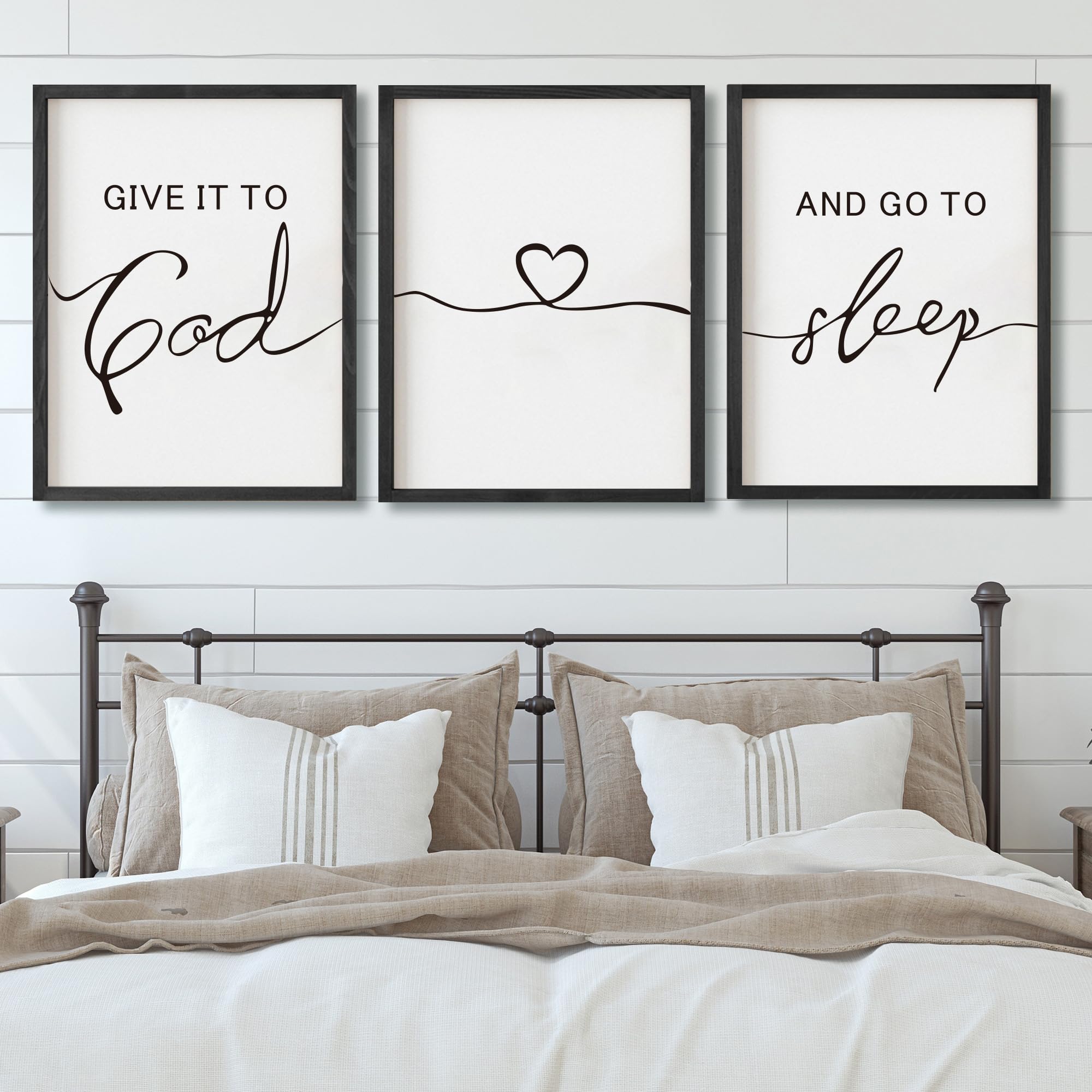 Set of 3 Framed Farmhouse Give it to God and Go to Sleep Signs 11x14” Above Bed Wall Decors for Bedroom Wood Signs (11x14 inches, Black)