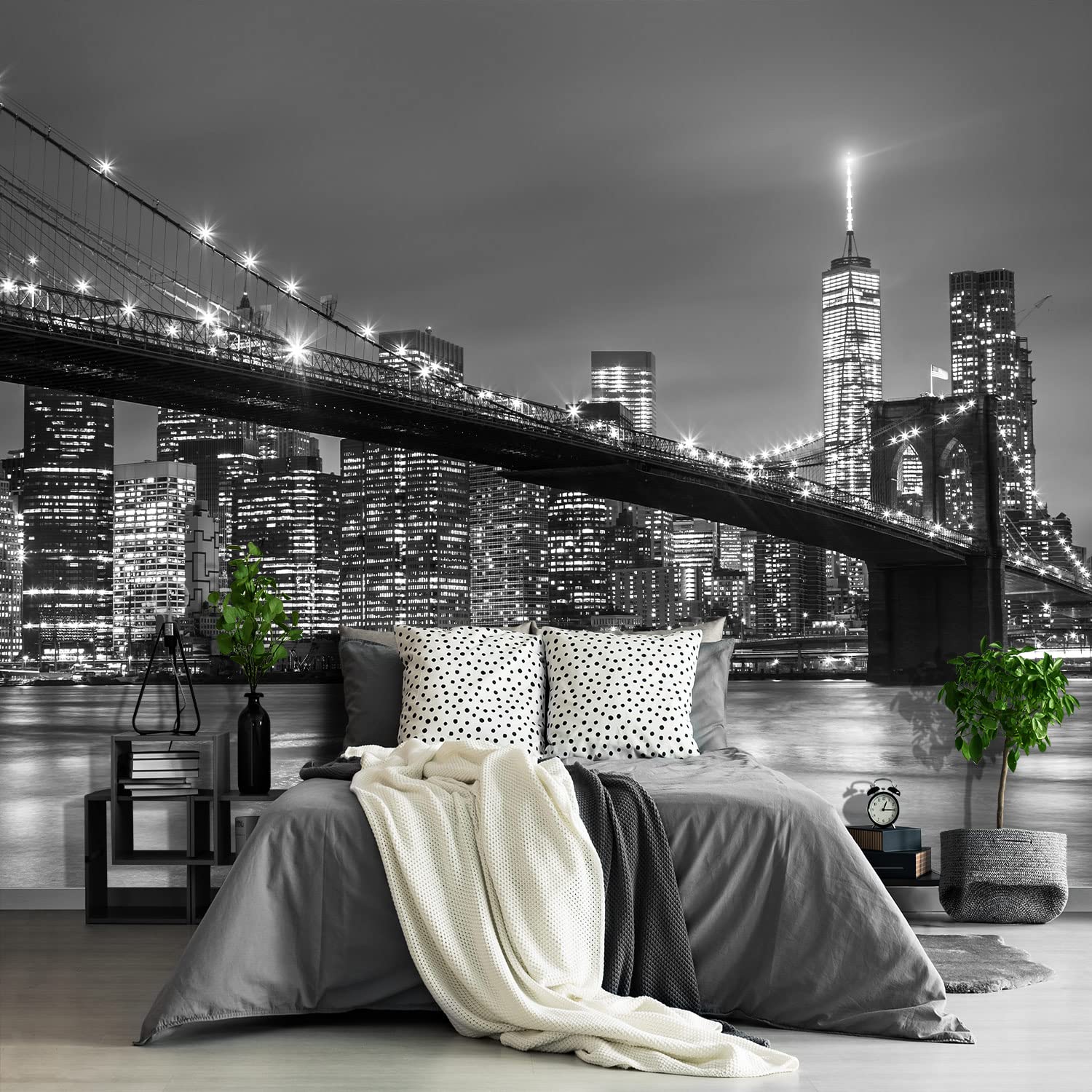 Fightal - Grey New York Mural Wallpaper Brooklyn Bridge Wall Paper Wall Mural City Scape Large Wallpaper for Living Room Bedroom - 108"x75"（It's not Peel and Stick.）