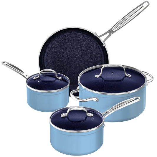 Nuwave 9pc Cookware Set Healthy Duralon Blue Ceramic Nonstick Coated, Diamond Infused Scratch-Resistant, PFAS Free, Oven Safe, Induction Ready & Evenly Heats, Tempered Glass Lids & Stay-Cool Handle