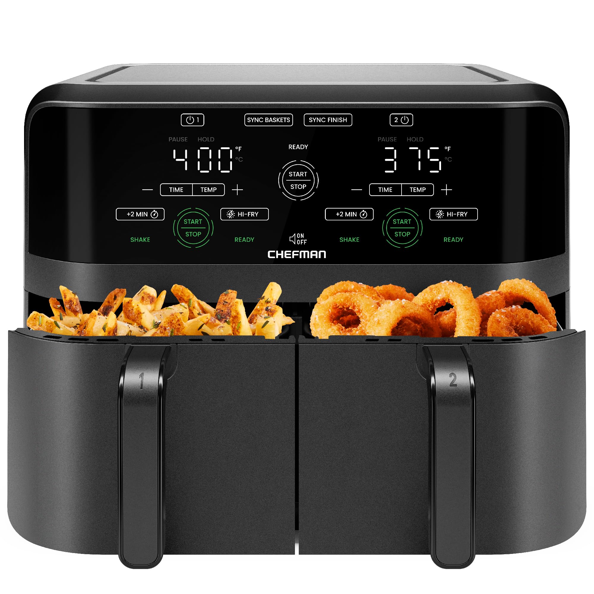 Chefman 6 Quart Dual Basket Air Fryer - Digital Touchscreen, Smart Sync Finish, Hi-Fry, Auto Shutoff, 2 Independent 3QT Nonstick Dishwasher-Safe Frying Baskets - Digital Double Air Fryer - Black