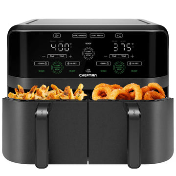 Chefman 6 Quart Dual Basket Air Fryer - Digital Touchscreen, Smart Sync Finish, Hi-Fry, Auto Shutoff, 2 Independent 3QT Nonstick Dishwasher-Safe Frying Baskets - Digital Double Air Fryer - Black