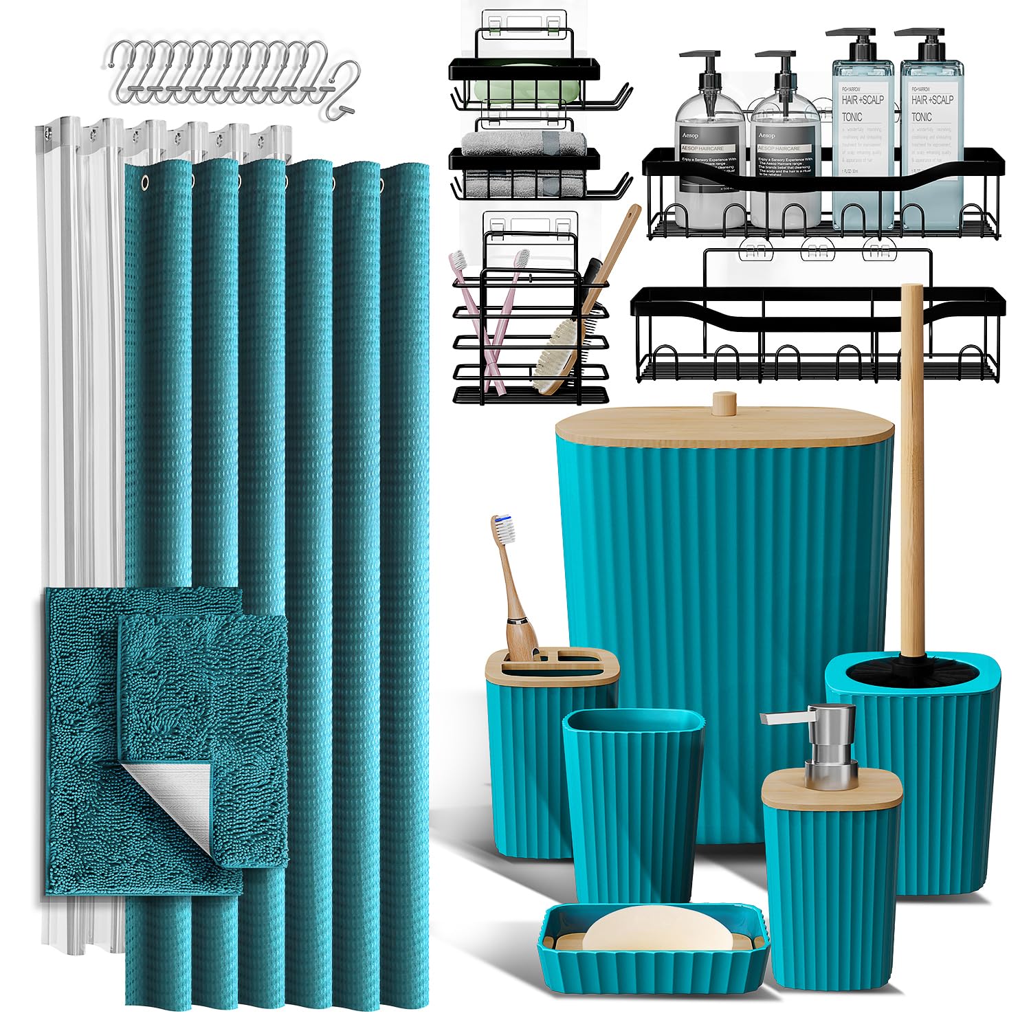 Bathroom Accessories Set with Shower Caddy and Bath Rugs, 27PC Bathroom Accessory Set with Shower Caddies Teal Bath Rugs, Shower Curtain Set, Toilet Brush, Trash Can, Soap Dispenser, Toothbrush holder