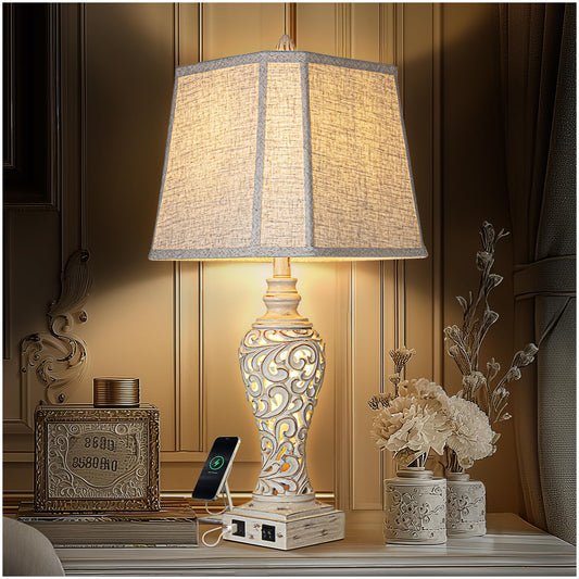 Table Lamps Set of 2 - Bedside Lamp with Fabric Shades - for Bedroom and Living Room with USB and Nightlight - Perfect for Nightstands and Bedrooms (28.5" high)