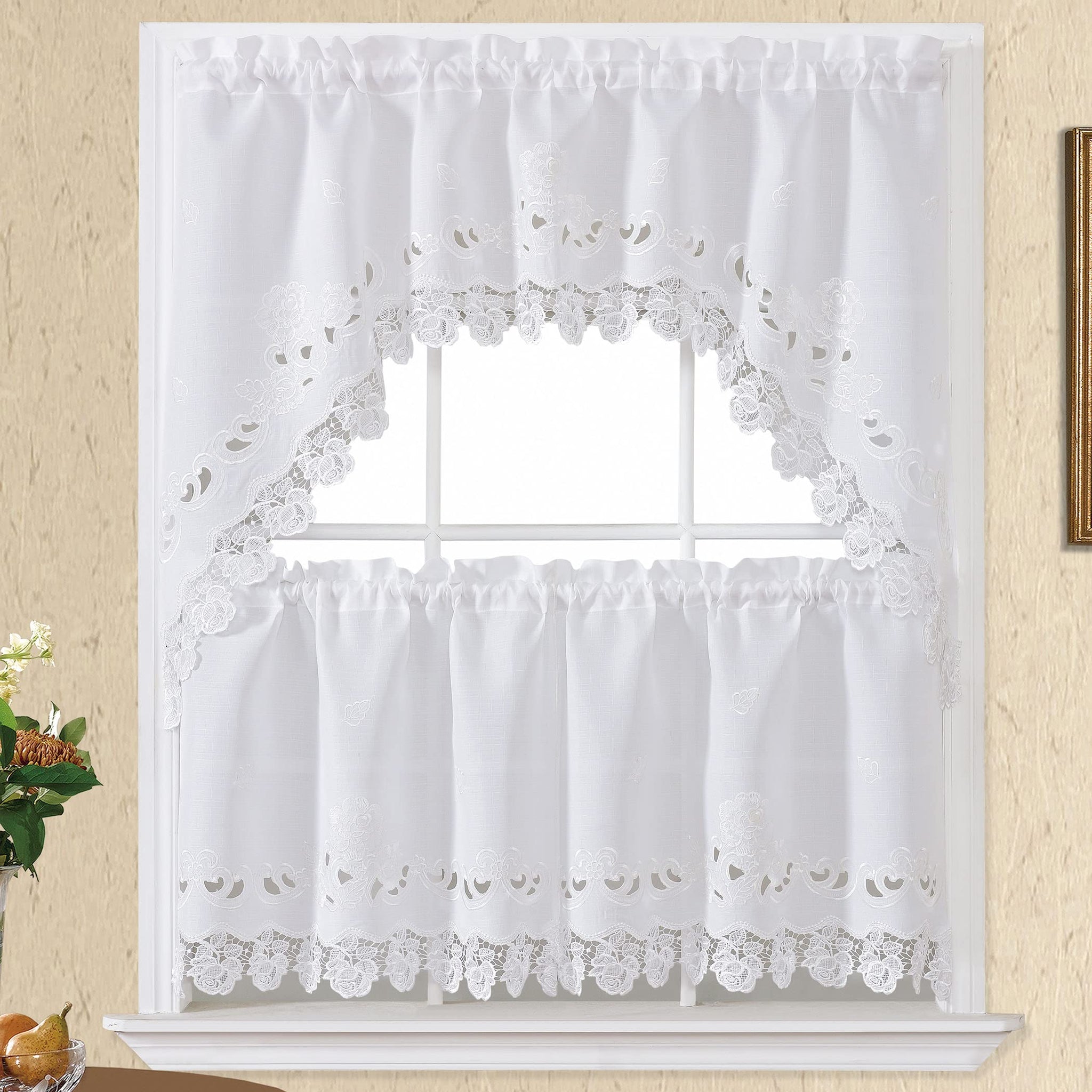 GOHD Lace Rosarium Kitchen Curtains, 3PCS Kitchen Curtains and Valances Set, Elegant White Fabric with Rose Embroidery and Lace. (White, Swag and 22 inches Tiers Set)