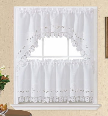 GOHD Lace Rosarium Kitchen Curtains, 3PCS Kitchen Curtains and Valances Set, Elegant White Fabric with Rose Embroidery and Lace. (White, Swag and 22 inches Tiers Set)