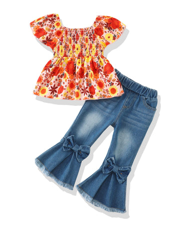 Baby Girl Clothes Toddler Girl Outfits Kids Puff Sleeve Shirt Top Flare Denim Pants Jeans Clothing for Little Girls