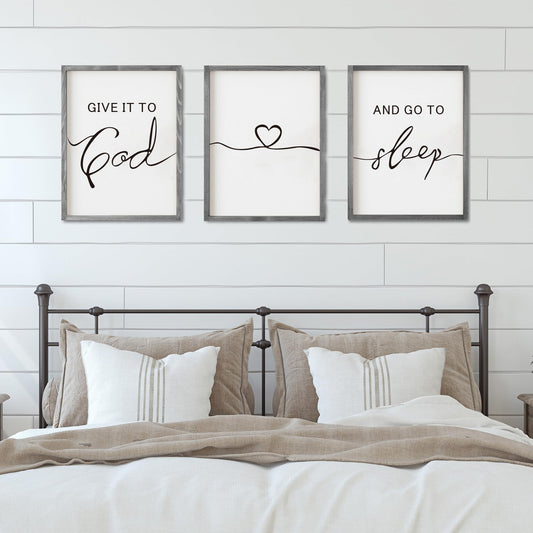 Set of 3 Framed Farmhouse Give it to God and Go to Sleep Signs 11x14” Above Bed Wall Decors for Bedroom Wood Signs (11x14 inches, Black)