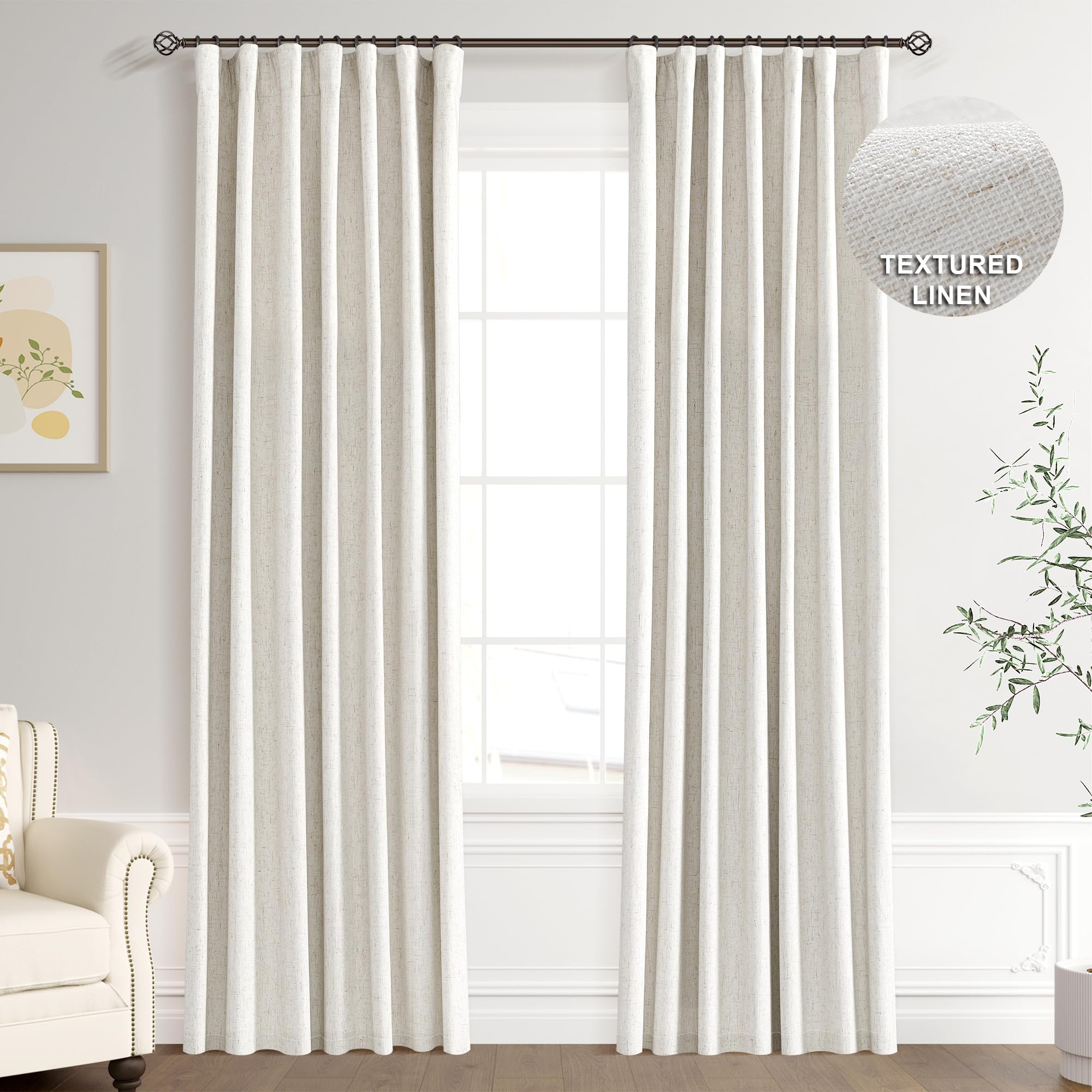 Joywell Cream Linen 100% Blackout Curtains 84 Inch Long, Rod Pocket/Back Tab/Hook Belt/Clip Rings,Thermal Insulated Drapes for Bedroom Living Room Ivory with Hooks(2 Panels,52 x 84,Natural Beige)