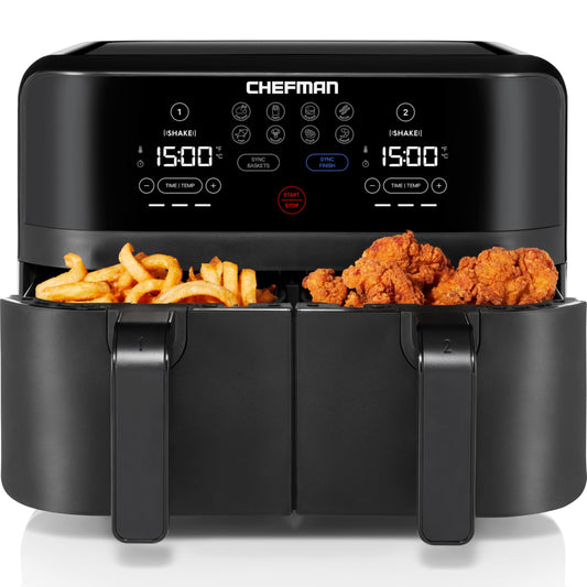 Chefman 6 Quart Dual Basket Air Fryer - Digital Touchscreen, Smart Sync Finish, Hi-Fry, Auto Shutoff, 2 Independent 3QT Nonstick Dishwasher-Safe Frying Baskets - Digital Double Air Fryer - Black