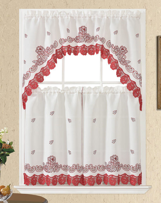 GOHD Lace Rosarium Kitchen Curtains, 3PCS Kitchen Curtains and Valances Set, Elegant White Fabric with Rose Embroidery and Lace. (White, Swag and 22 inches Tiers Set)