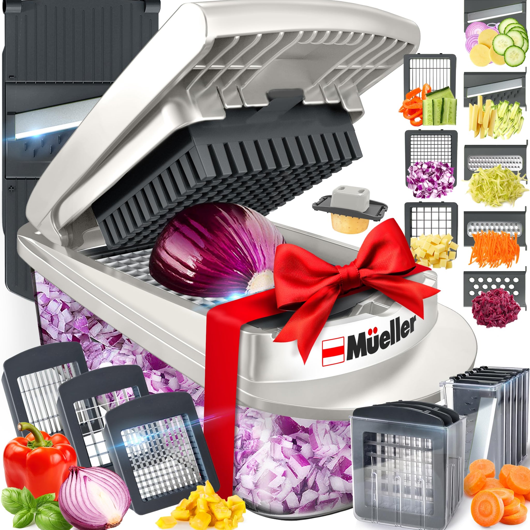 Mueller Pro-Series 10-in-1, 8 Blade Vegetable Chopper, Onion Mincer, Cutter, Dicer, Egg Slicer with Container, French Fry Cutter Potatoe Slicer, Home Essentials & Kitchen Gadgets, Salad Chopper